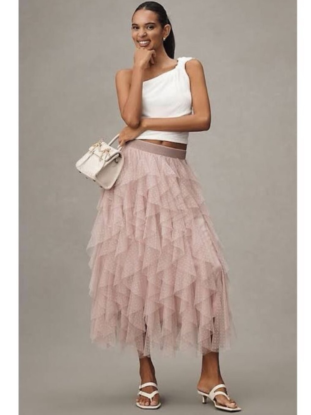 Anthropologie The Chéri Ruffled Tulle Midi Skirt in Blush Mauve Dusty Rose XL - Picture 1 of 7